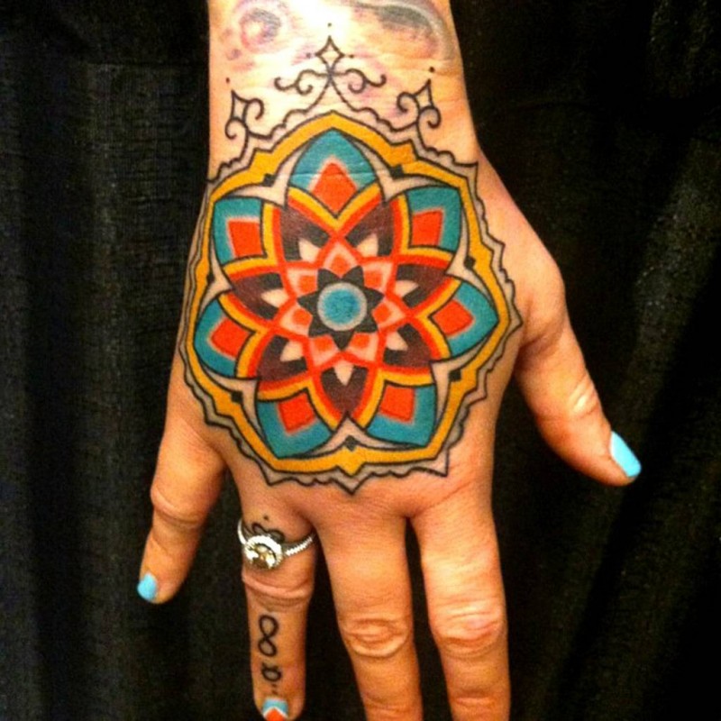 Modern style colored hand tattoo of big ornamental flower