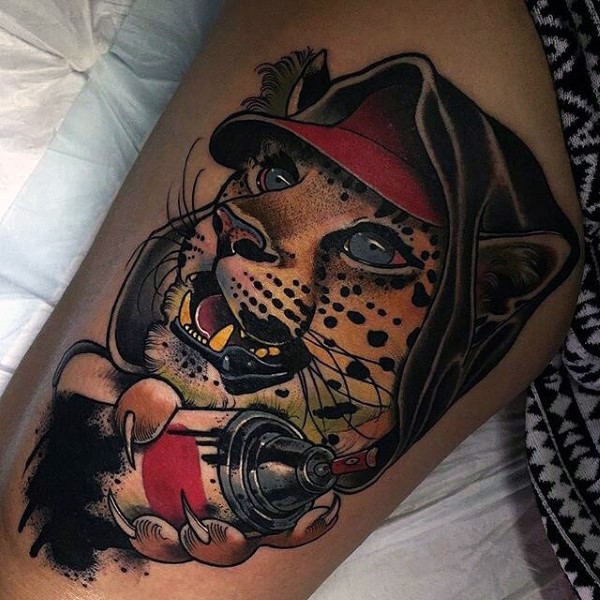 Modern style colored human like leopard with spray paint tattoo