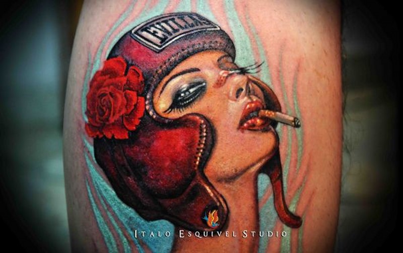 Modern style colored leg tattoo of seductive smoking boxer woman portrait