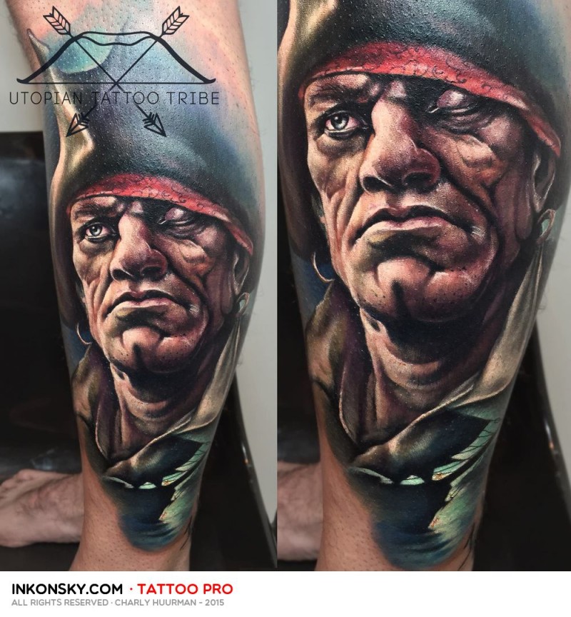Modern style colored leg tattoo of creepy looking pirate
