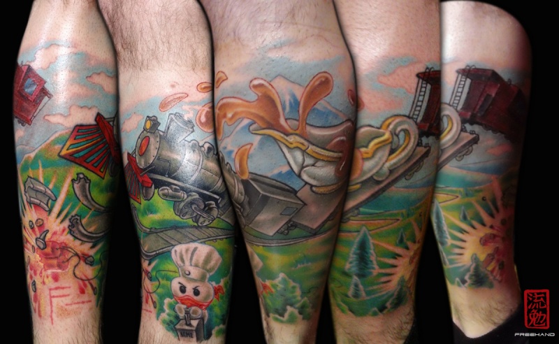 Tatuagem de pernas coloridas estilo moderno de acidente de trem de fantasia
