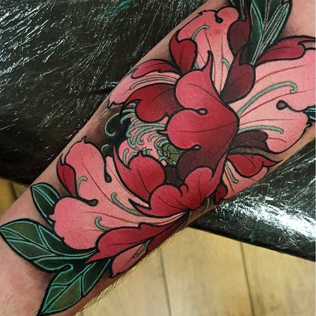 Modern style colored leg tattoo of large flowers