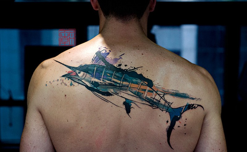 Modern style colored massive upper back tattoo of ocean fish