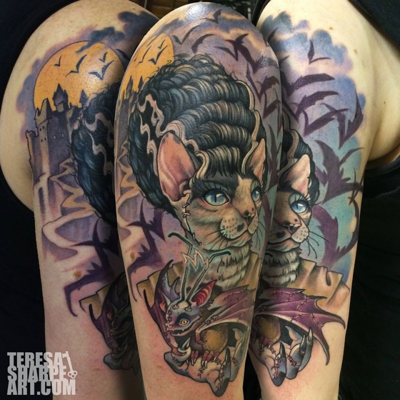 Modern style colored mystical cat witch tattoo on shoulder with old castle