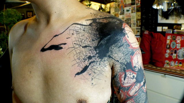 Modern style colored shoulder tattoo of mystical pictures