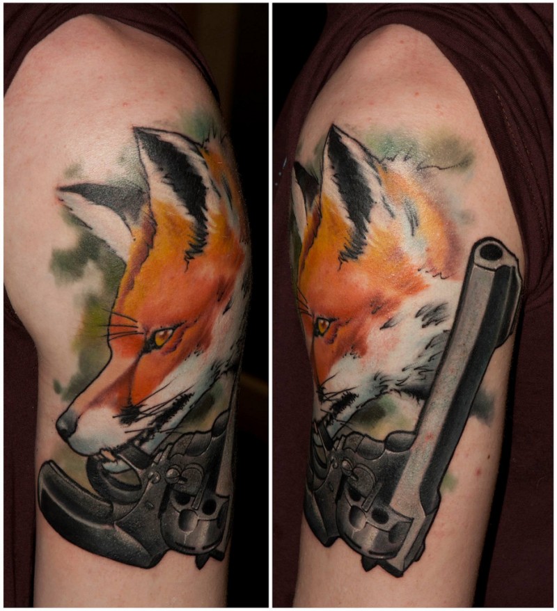 Modern style colored shoulder tattoo of fox with pistol