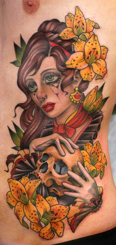 Modern style colored side tattoo of beautiful woman with flowers