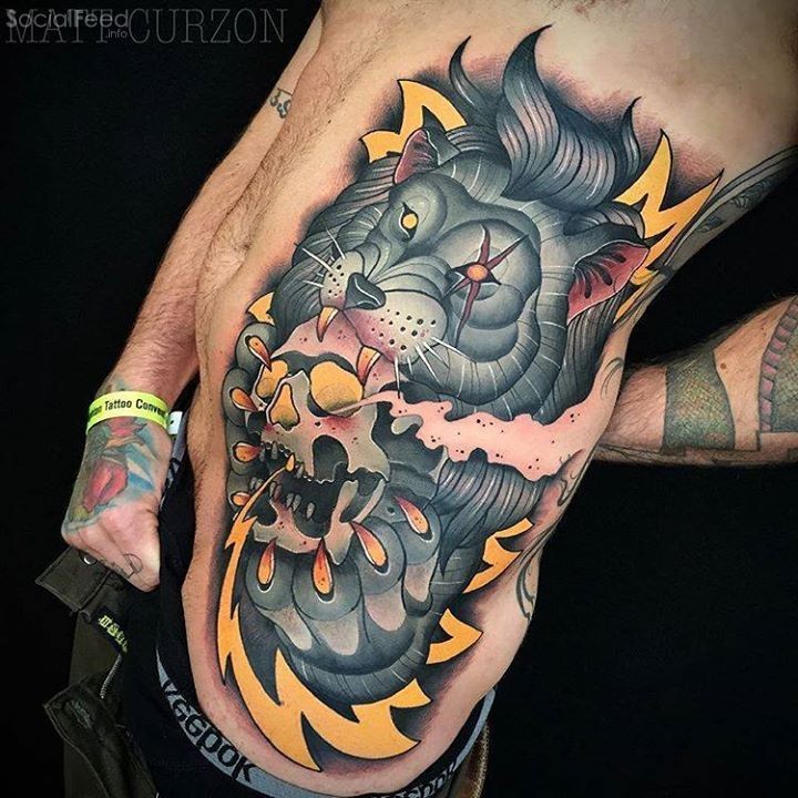Modern style colored side tattoo of fantasy wolf with human skull