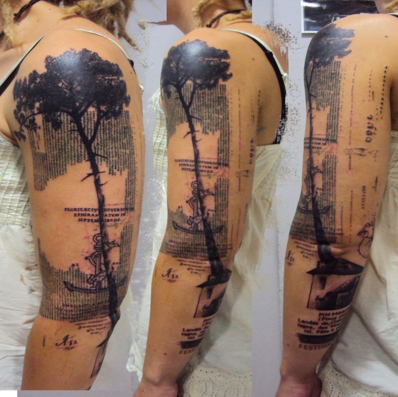 Modern style colored sleeve tattoo of big tree with lettering and anchor