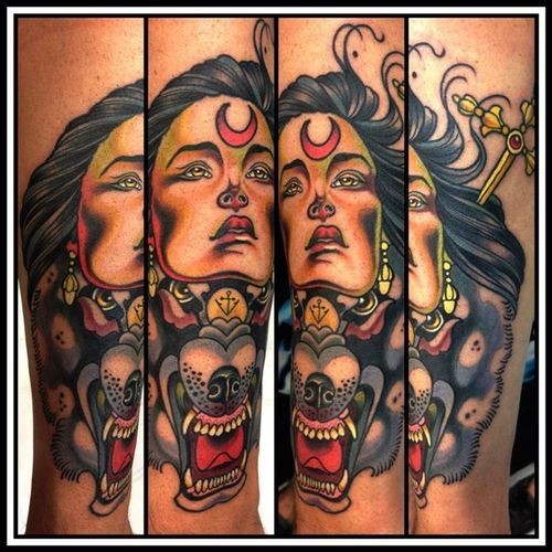 Modern style colored tattoo of demonic woman portrait with evil wolf head