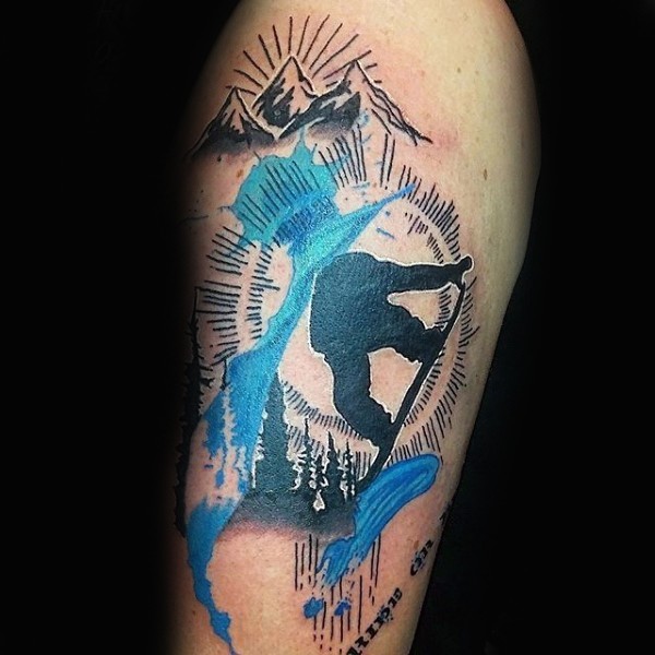 Modern style colored tattoo of snowboarder with mountains