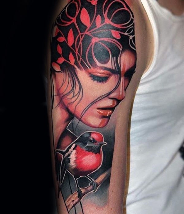 Tatuaje de brazo de estilo moderno color del retrato de mujer combinado con un pequeño pájaro rojo