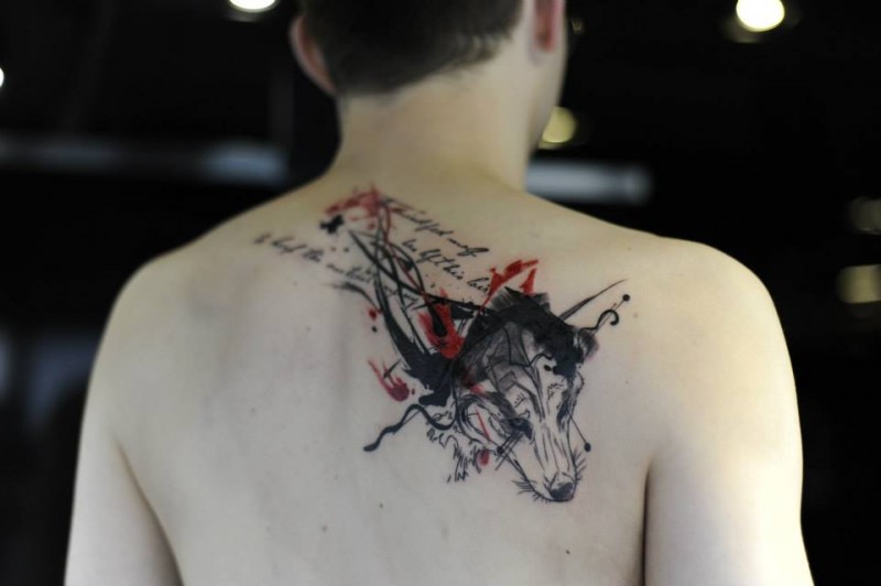 Modern style colored upper back tattoo of wolf head combined with lettering
