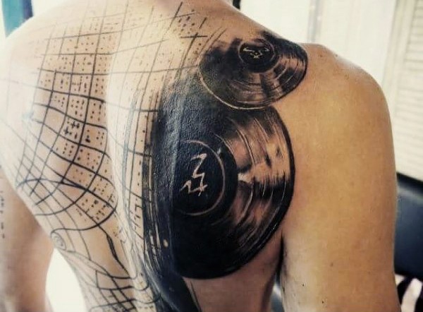 Modern style colored vinyl records tattoo on whole back