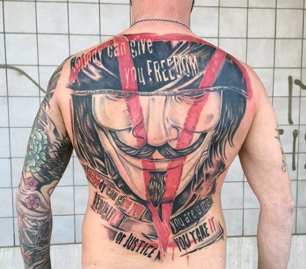 Modern style colored whole back tattoo of Antimonous man with lettering