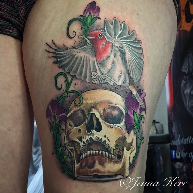 Modern style colorful painted by Jenna Kerr thigh tattoo of bug skull with hummingbird and flowers