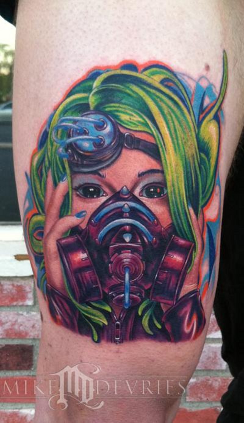 Modern style colorful thigh tattoo of futuristic woman in gas mask