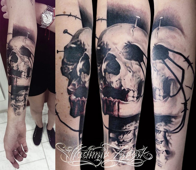 Modern style detailed forearm tattoo of human skeleton with nail