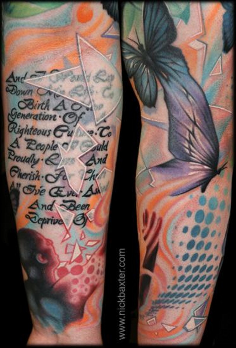 Modern style forearm tattoo of mystical man, butterflies and lettering