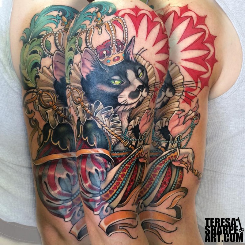 Modern style multicolored cat queen tattoo on half sleeve with crown
