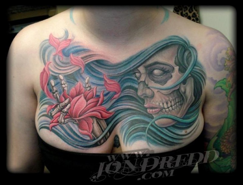 Modern style multicolored chest tattoo of mystical woman with blue hair and corrupted pink flower