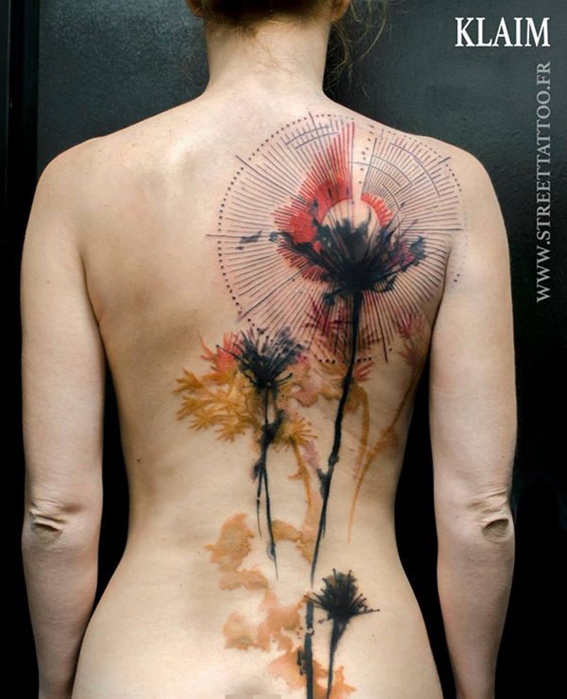Modern style multicolored whole back tattoo of beautiful wildflowers