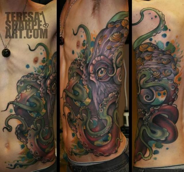 Modern style painted and colored big detailed side tattoo of fantasy octopus