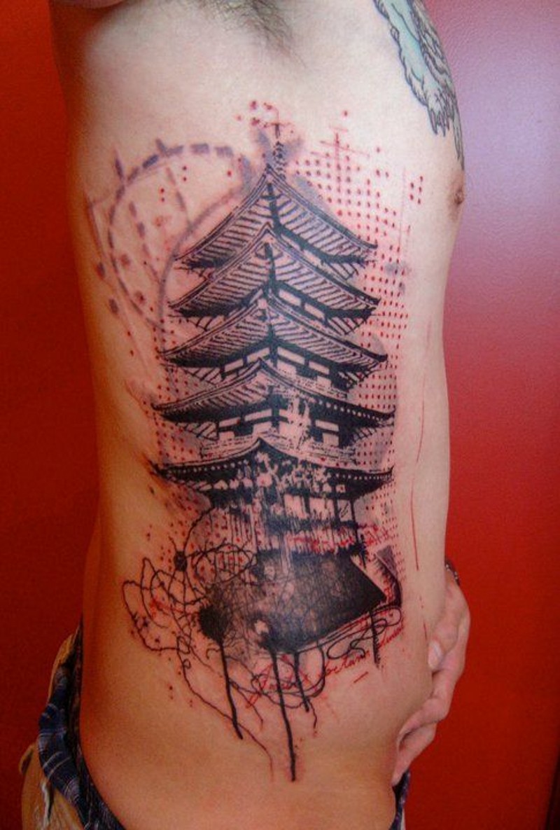 Modern style painted and colored big side tattoo of big Asian house