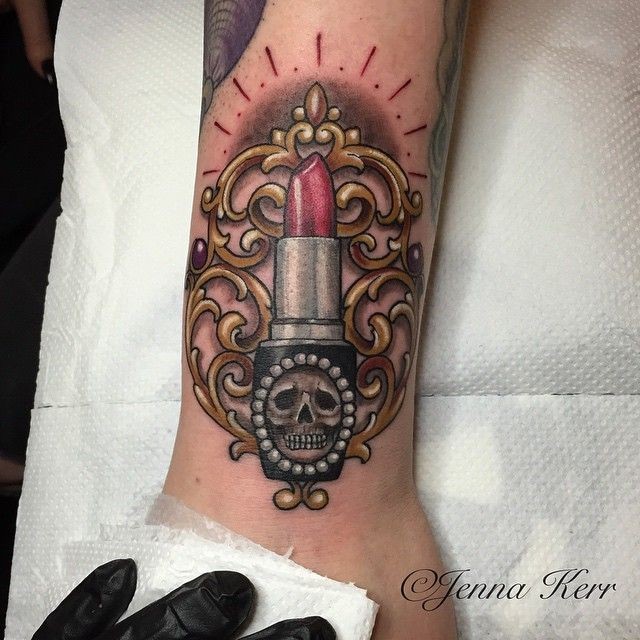 Modern style painted by Jenna Kerr tattoo of lipstick stylized with skull