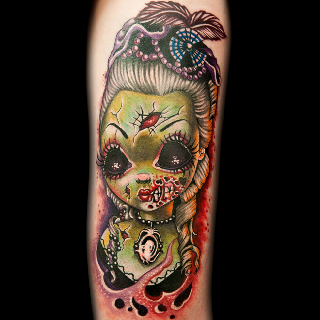 Modern style painted colored arm tattoo of woman zombie