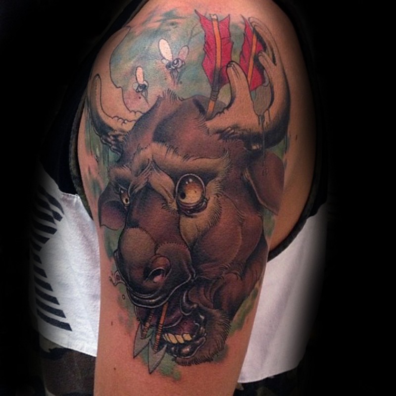 Modern style strange looking colored shoulder tattoo of elk head with arrows and flies