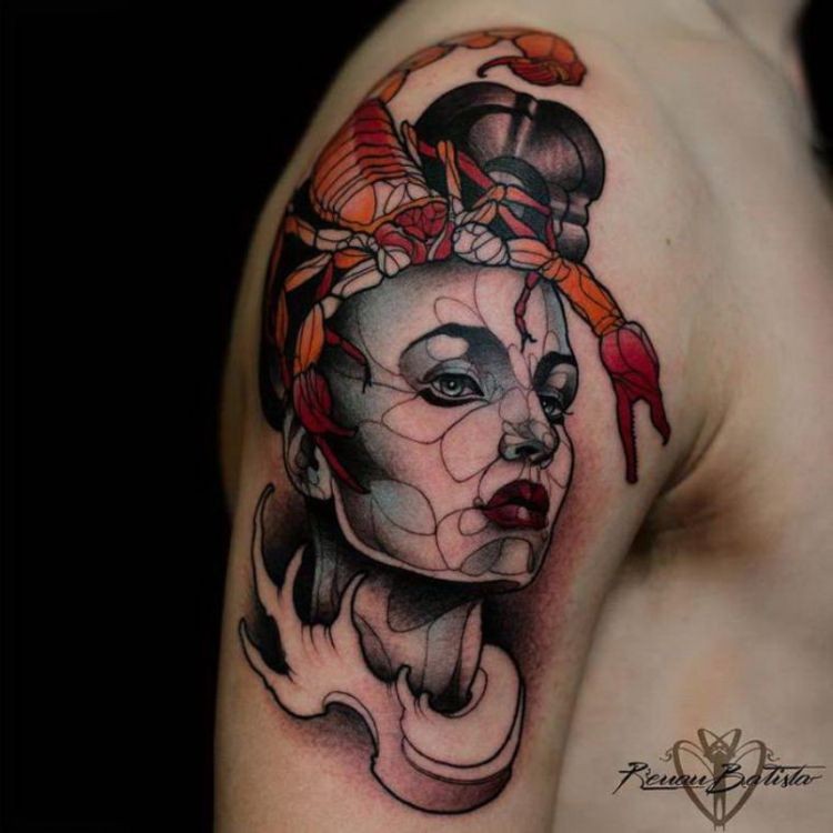 Modern traditional colored shoulder tattoo of woman with scorpion