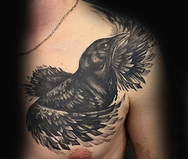Modern traditional style black ink chest tattoo of typical crow