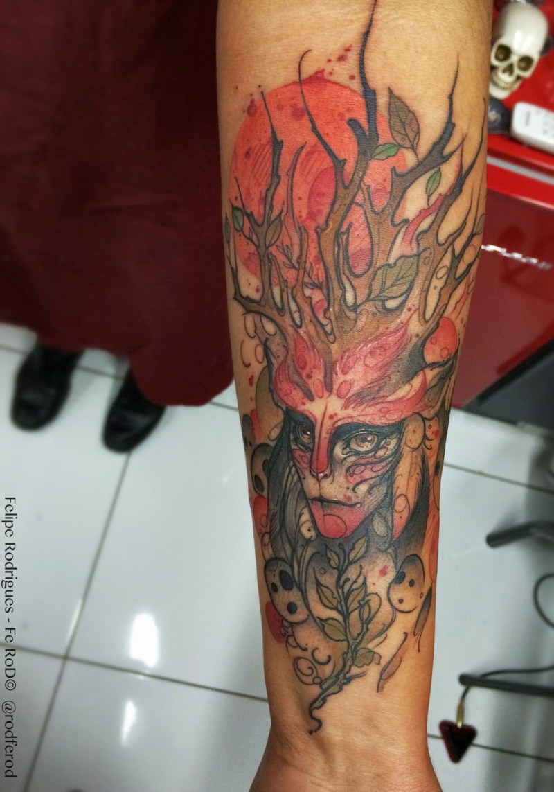 Modern traditional style colored arm tattoo of creepy woman with deers horns