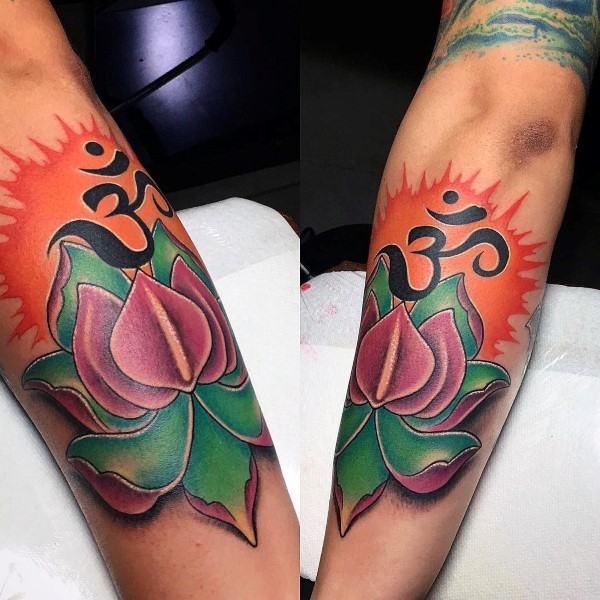 Modern traditional style colored arm tattoo of lotus flower with Asian symbol