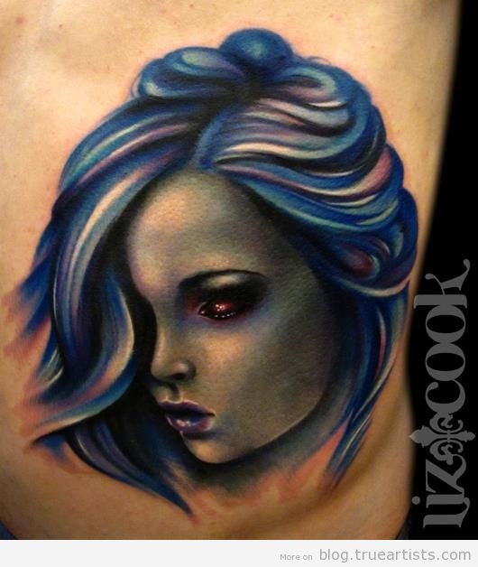 Modern traditional style colored back tattoo of mystic woman