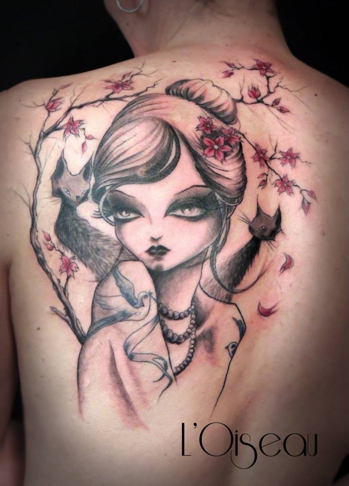 Modern traditional style colored back tattoo of woman with cats and flowers
