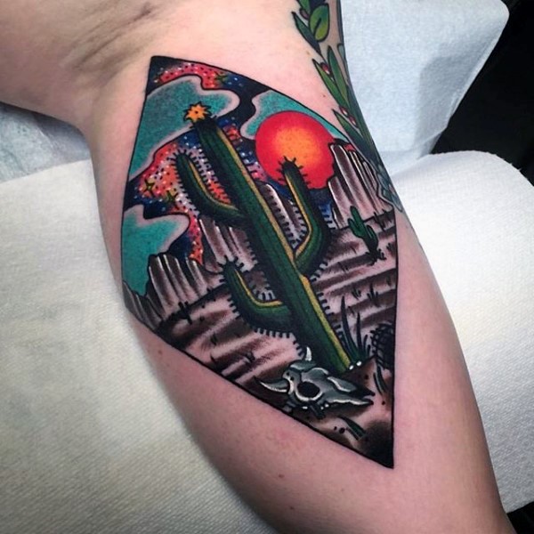 Modern traditional style colored biceps tattoo of night desert