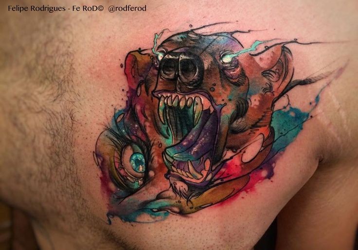 Modern traditional style colored chest tattoo of roaring demonic bear
