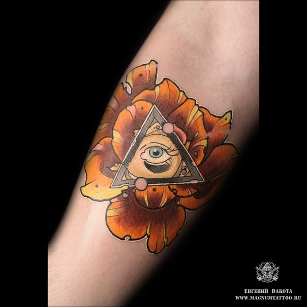 Modern traditional style colored forearm tattoo of rose flower with triangle and eye