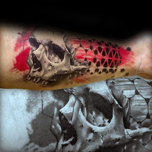 Modern traditional style colored forearm tattoo of human skull