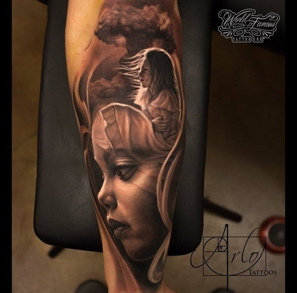Modern traditional style colored forearm tattoo of sweet little girl angel
