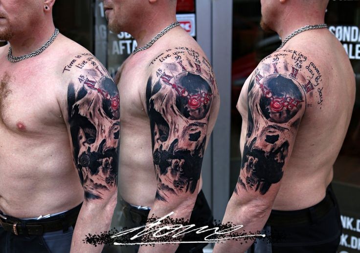 Modern traditional style colored shoulder tattoo of human skull with clock