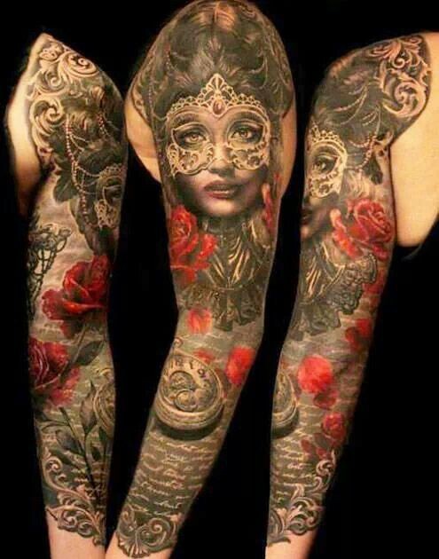 Modern traditional style colored shoulder tattoo of woman face with flowers