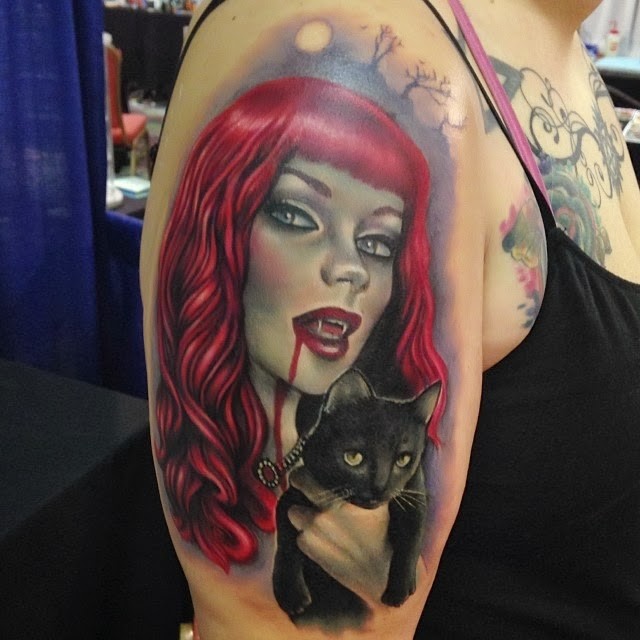 Modern traditional style colored shoulder tattoo of vampire woman with cat