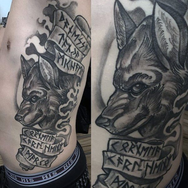 Modern traditional style colored side tattoo of big wolf with lettering