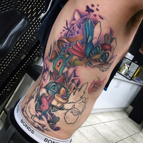 Modern traditional style colored side tattoo of funny animals