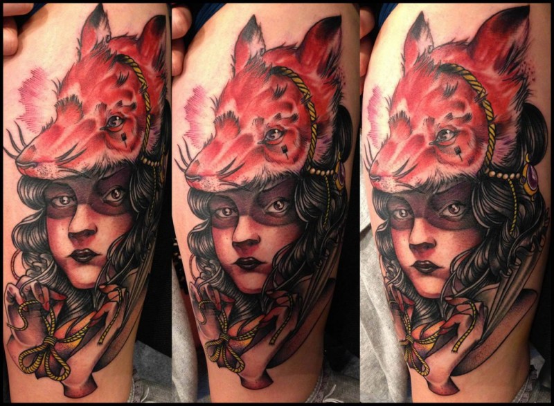 Modern traditional style colored tattoo of mystical woman with fox helmet