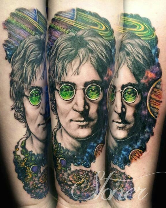 Modern traditional style colored tattoo of Lennon portrait with space