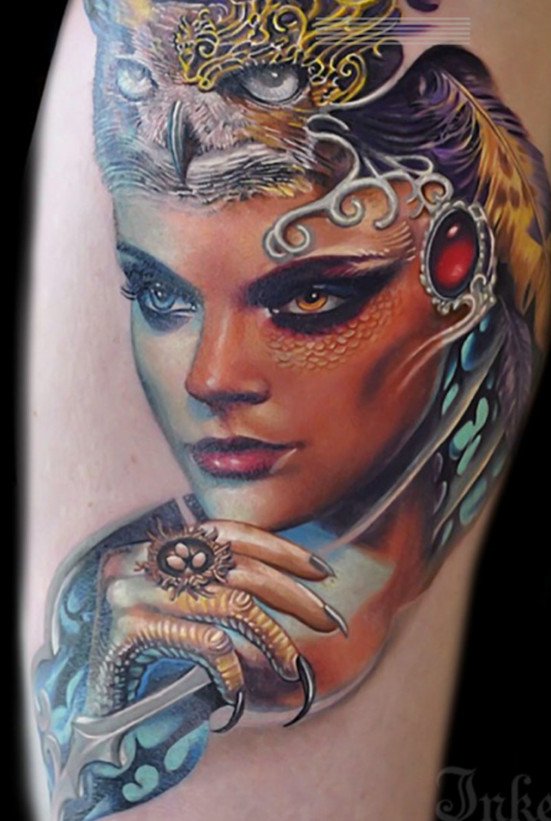 Modern traditional style colored tattoo of woman with owl